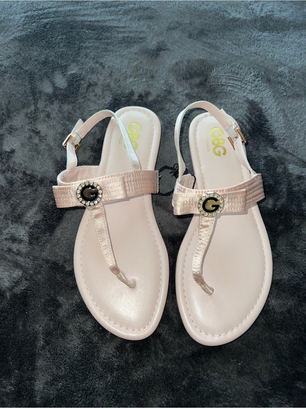 GBG Los Angeles Pale Pink T-Strap Sandals with Rhinestone Emblem